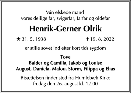 Dødsannoncen for Henrik-Gerner Olrik - Humlebæk
