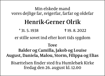 Dødsannoncen for Henrik-Gerner Olrik - Humlebæk