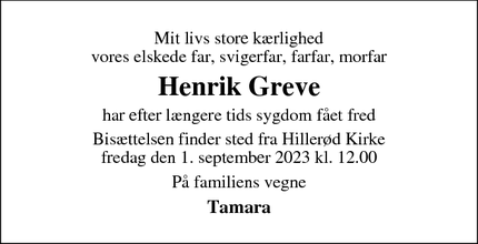 Dødsannoncen for Henrik Greve - Hillerød