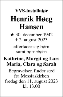 Dødsannoncen for Henrik Høeg
Hansen - København