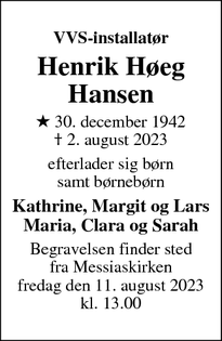Dødsannoncen for Henrik Høeg
Hansen - København