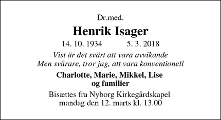 Dødsannoncen for Henrik Isager - Nyborg