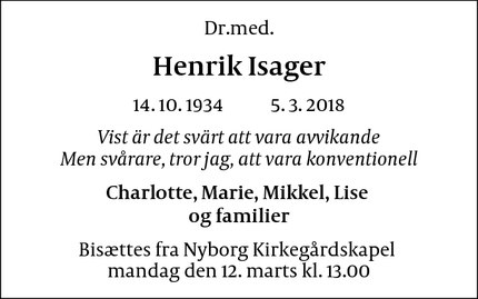 Dødsannoncen for Henrik Isager - Nyborg