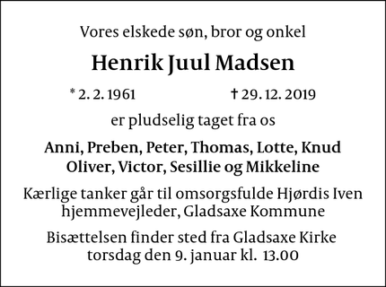 Dødsannoncen for Henrik Juul Madsen - Gladsaxe
