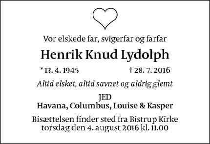 Dødsannoncen for Henrik Knud Lydolph - Bistrup