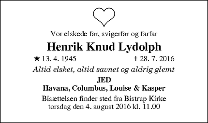 Dødsannoncen for Henrik Knud Lydolph - Bistrup