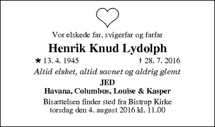 Dødsannoncen for Henrik Knud Lydolph - Bistrup