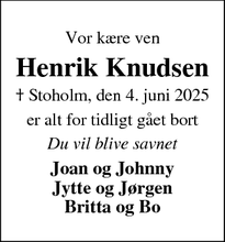 Dødsannoncen for Henrik Knudsen - Stoholm