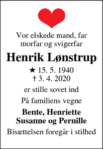 Dødsannoncen for Henrik Lønstrup - Gilleleje