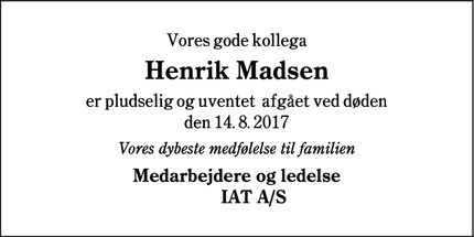 Dødsannoncen for Henrik Madsen - Esbjerg