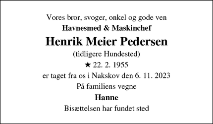 Dødsannoncen for Henrik Meier Pedersen - fremgår af annoncen