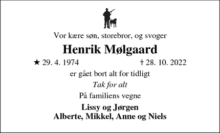 Dødsannoncen for Henrik Mølgaard - Roskilde