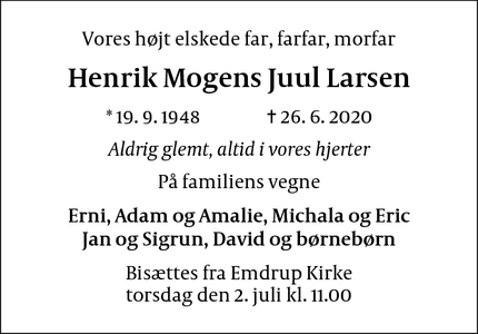 Dødsannoncen for Henrik Mogens Juul Larsen - København