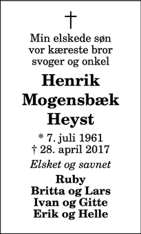 Dødsannoncen for Henrik Mogensbæk
Heyst - Tversted