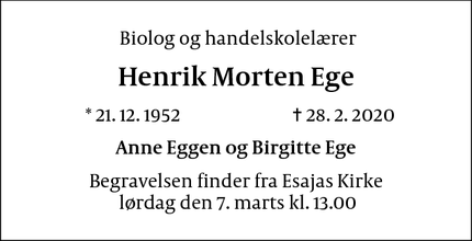 Dødsannoncen for Henrik Morten Ege - F