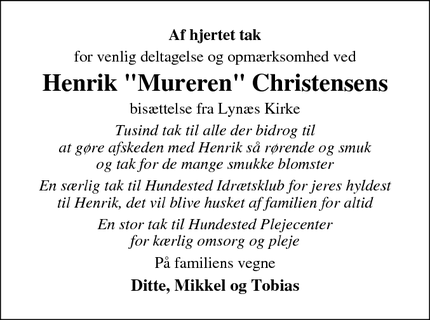 Dødsannoncen for Henrik "Mureren" Christensens - Hundested