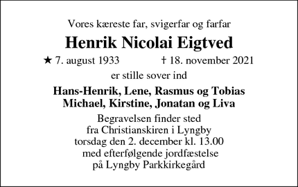 Dødsannoncen for Henrik Nicolai Eigtved - 2800 Kongens Lyngby