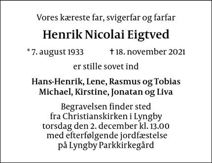 Dødsannoncen for Henrik Nicolai Eigtved - 2800 Kongens Lyngby