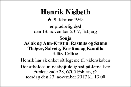 Dødsannoncen for Henrik Nisbeth - Esbjerg