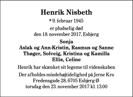 Dødsannoncen for Henrik Nisbeth - Esbjerg