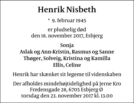 Dødsannoncen for Henrik Nisbeth - Esbjerg