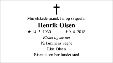 Dødsannoncen for Henrik Olsen - Taastrup 