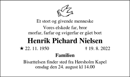 Dødsannoncen for Henrik Pichard Nielsen - Hørsholm
