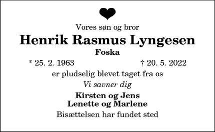 Dødsannoncen for Henrik Rasmus Lyngesen - Hirtshals