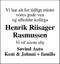 Dødsannoncen for Henrik Riisager Rasmussen - Horsens