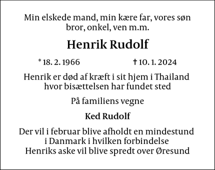 Dødsannoncen for Henrik Rudolf - København