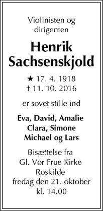Dødsannoncen for Henrik Sachsenskjold - Frederiksberg