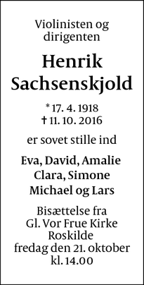 Dødsannoncen for Henrik Sachsenskjold - Frederiksberg