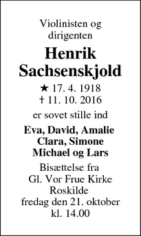 Dødsannoncen for Henrik Sachsenskjold - Frederiksberg
