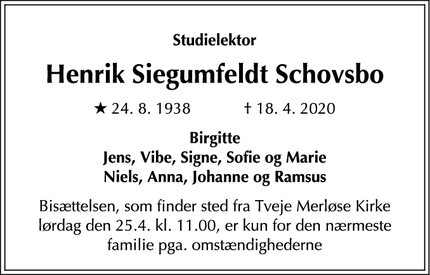 Dødsannoncen for Henrik Siegumfeldt Schovsbo - Holbæk