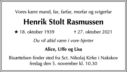 Dødsannoncen for Henrik Stolt Rasmussen - Kongens Lyngby