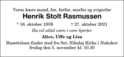Dødsannoncen for Henrik Stolt Rasmussen - Kongens Lyngby