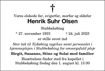 Dødsannoncen for Henrik Suhr Olsen - Stubbekøbing