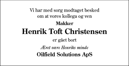 Dødsannoncen for Henrik Toft Christensen - Esbjerg
