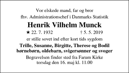 Dødsannoncen for Henrik Vilhelm Munck - Farum