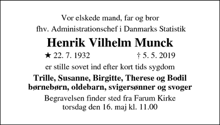 Dødsannoncen for Henrik Vilhelm Munck - Farum