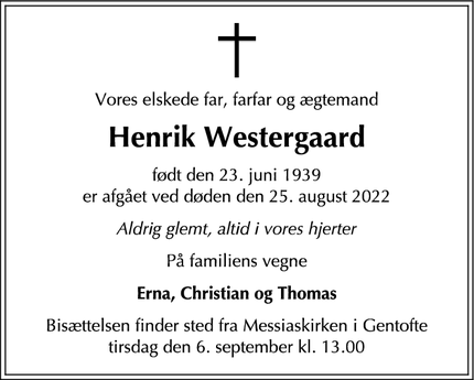 Dødsannoncen for Henrik Westergaard - Charlottenlund 