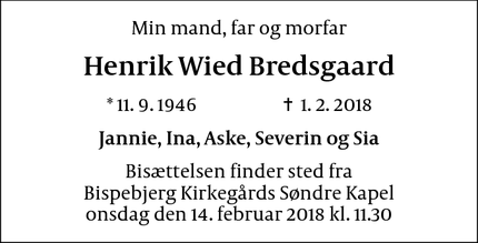 Dødsannoncen for Henrik Wied Bredsgaard - København