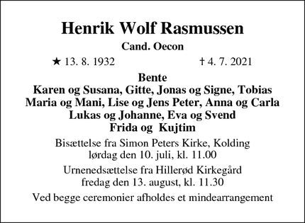 Dødsannoncen for Henrik Wolf Rasmussen - Kolding/Hillerød
