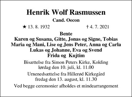 Dødsannoncen for Henrik Wolf Rasmussen - Kolding/Hillerød