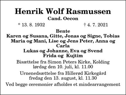 Dødsannoncen for Henrik Wolf Rasmussen - Kolding/Hillerød