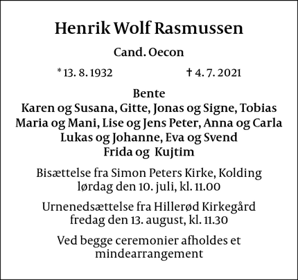 Dødsannoncen for Henrik Wolf Rasmussen - Kolding/Hillerød