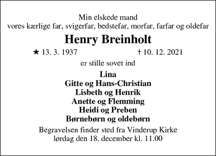 Dødsannoncen for Henry Breinholt - Vinderup 7830