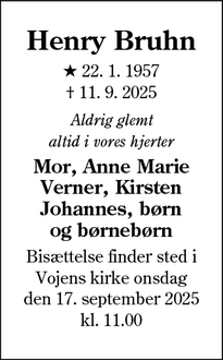 Dødsannoncen for Henry Bruhn - Vojens