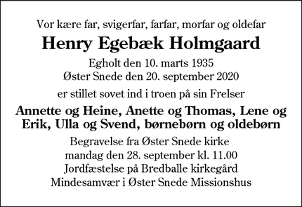 Dødsannoncen for Henry Egebæk Holmgaard - Løgumkloster