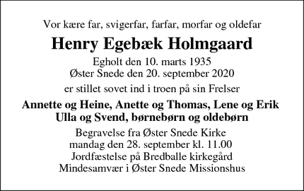 Dødsannoncen for Henry Egebæk Holmgaard - Løgumkloster